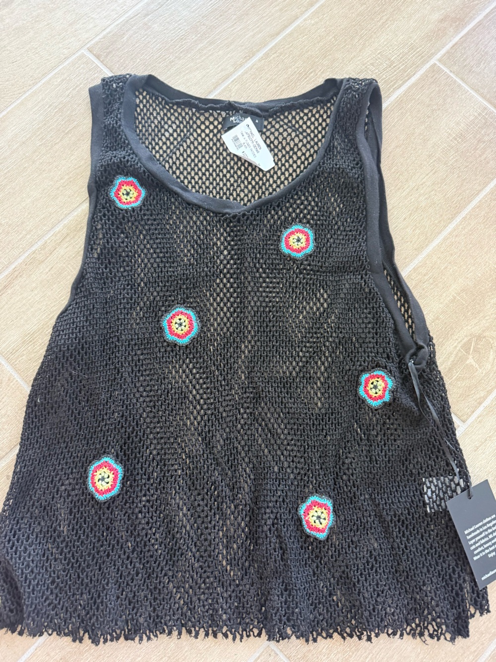NWT Michael Lauren Black Crochet Tank Top with Colorful Floral Accents